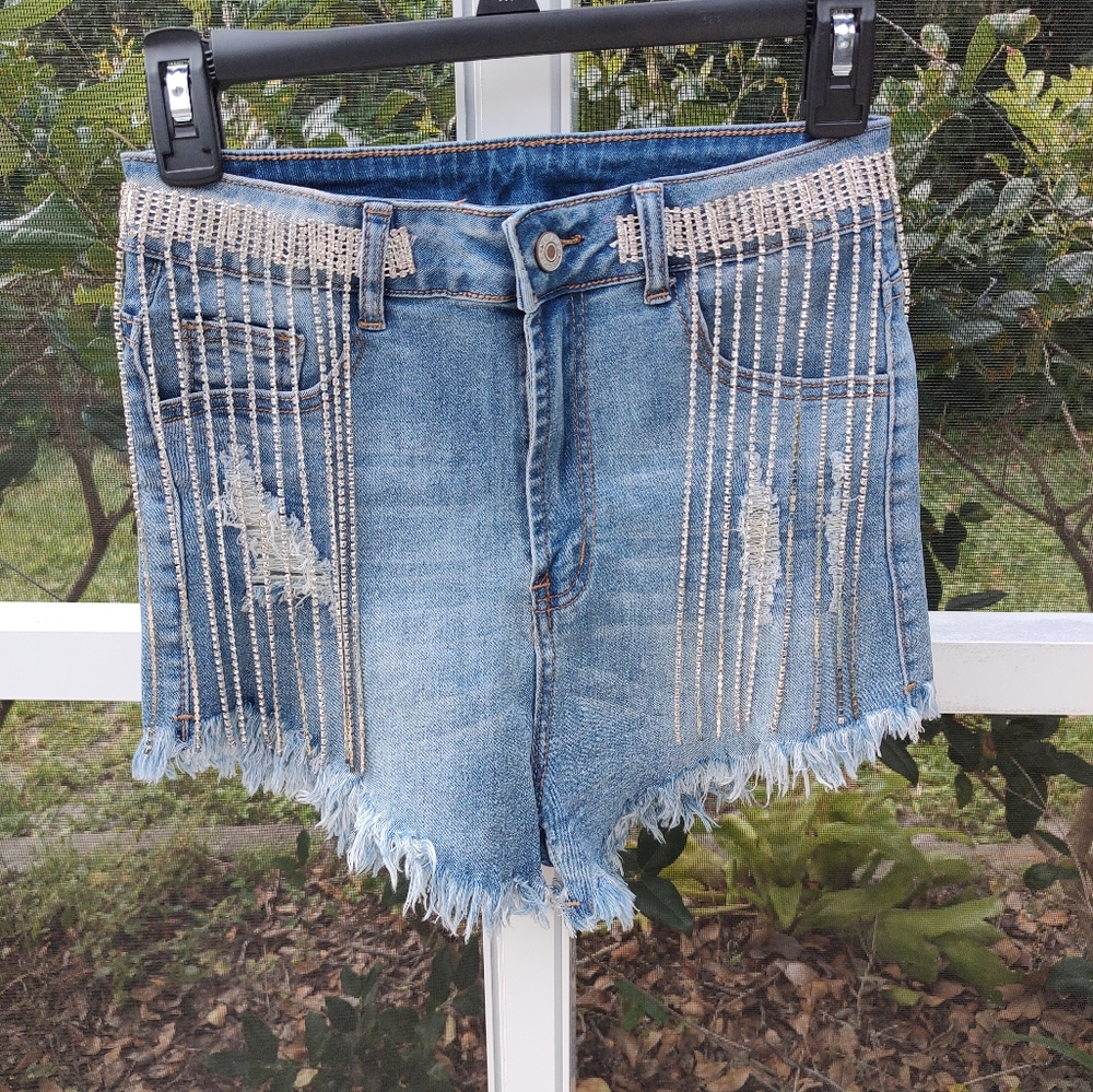 High waisted distressed rhinestone fringe jean shorts - Picture 13 of 16
